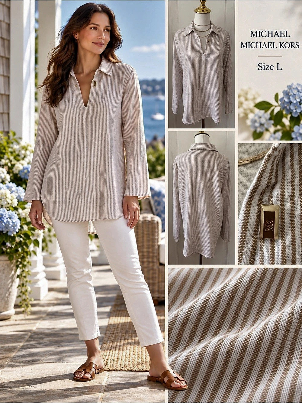 MICHAEL Michael Kors Linen Blend Striped Tunic Top Tan Cream L - Picture 2 of 11